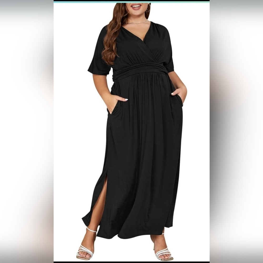Chic Black Short Sleeve V-neck Maxi Dress with Pockets Women's Xl 16